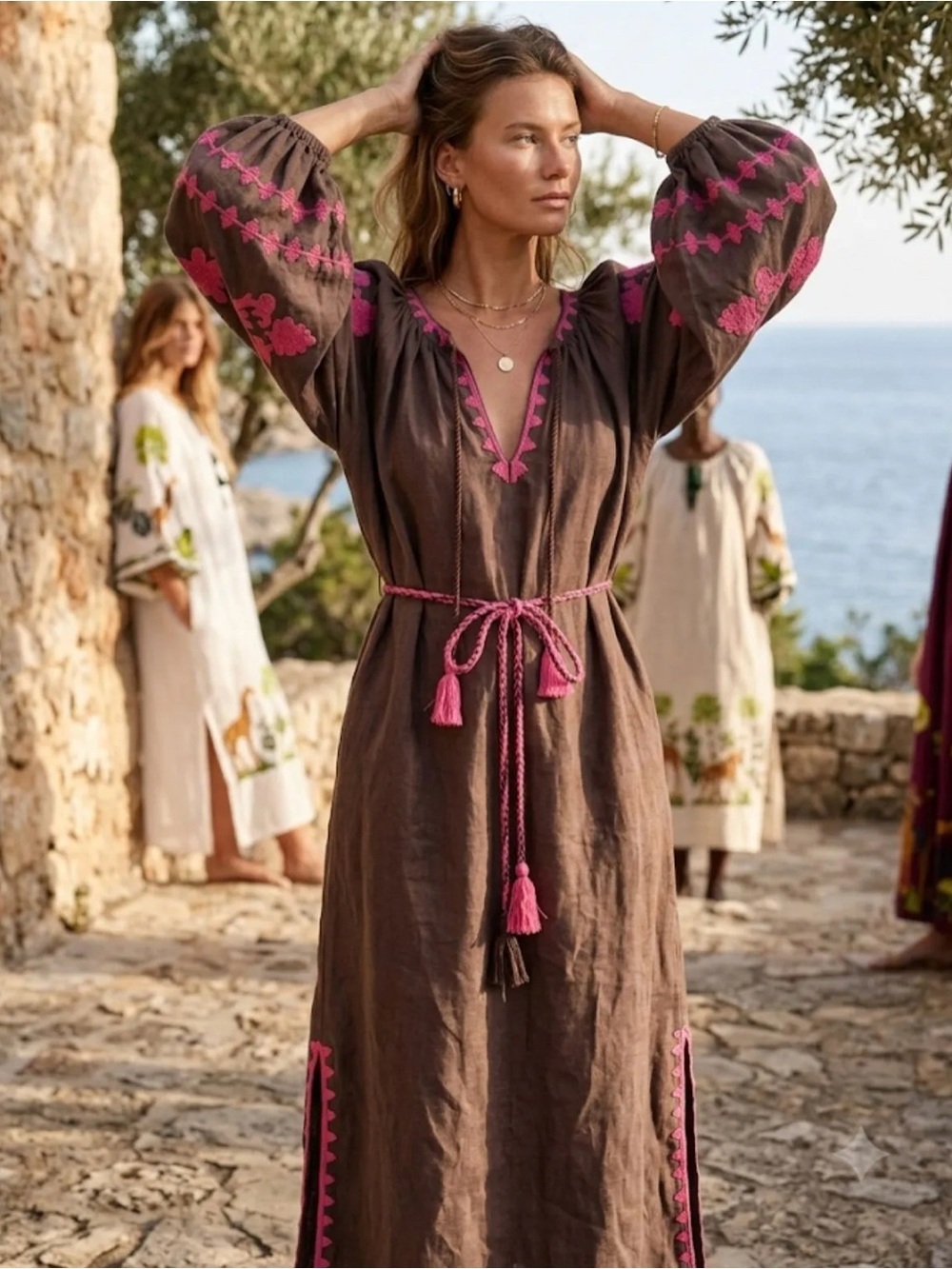 Benaras By Citrus Embroidered 100% Linen Maxi Dress NWT